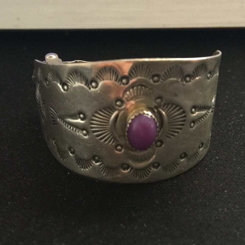 Vintage Sterling Silver Native American Amethyst Cabochon Hair Pony Tail Holder